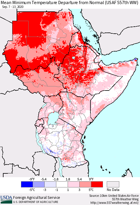 Eastern Africa Mean Minimum Temperature Departure from Normal (USAF 557th WW) Thematic Map For 9/7/2020 - 9/13/2020