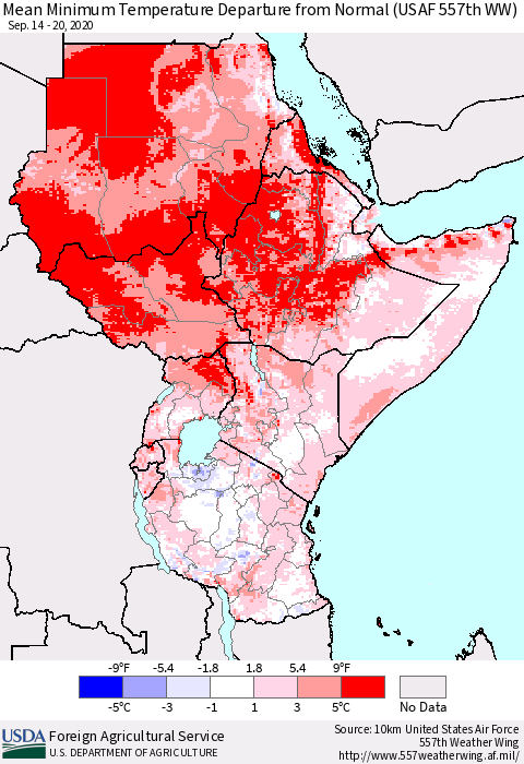 Eastern Africa Mean Minimum Temperature Departure from Normal (USAF 557th WW) Thematic Map For 9/14/2020 - 9/20/2020
