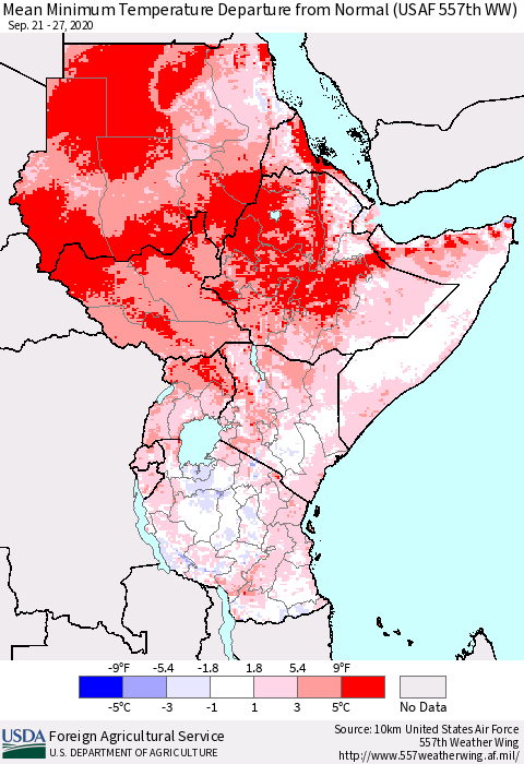 Eastern Africa Mean Minimum Temperature Departure from Normal (USAF 557th WW) Thematic Map For 9/21/2020 - 9/27/2020