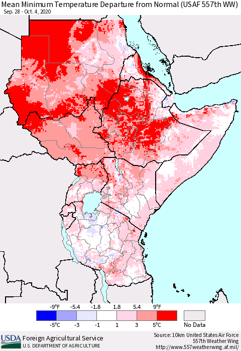 Eastern Africa Mean Minimum Temperature Departure from Normal (USAF 557th WW) Thematic Map For 9/28/2020 - 10/4/2020
