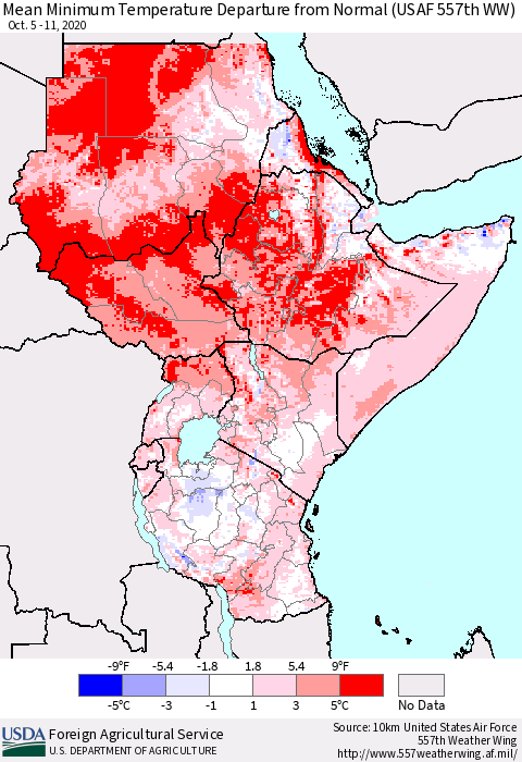 Eastern Africa Mean Minimum Temperature Departure from Normal (USAF 557th WW) Thematic Map For 10/5/2020 - 10/11/2020