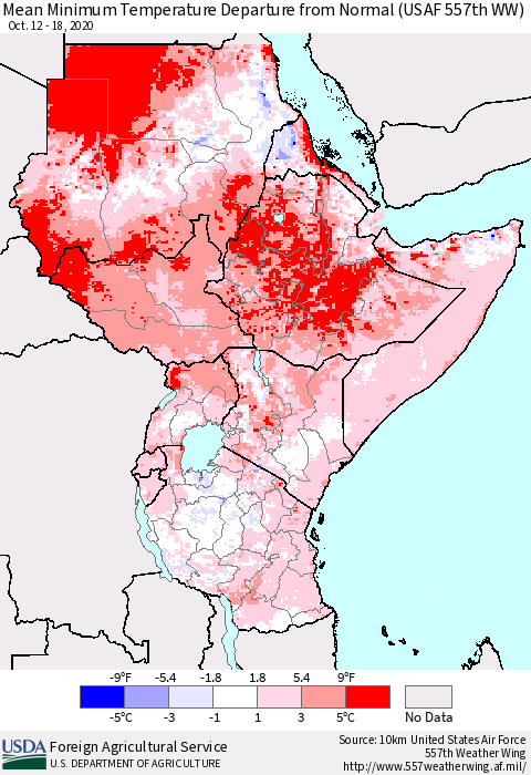 Eastern Africa Minimum Temperature Departure From Normal (USAF 557th WW) Thematic Map For 10/12/2020 - 10/18/2020