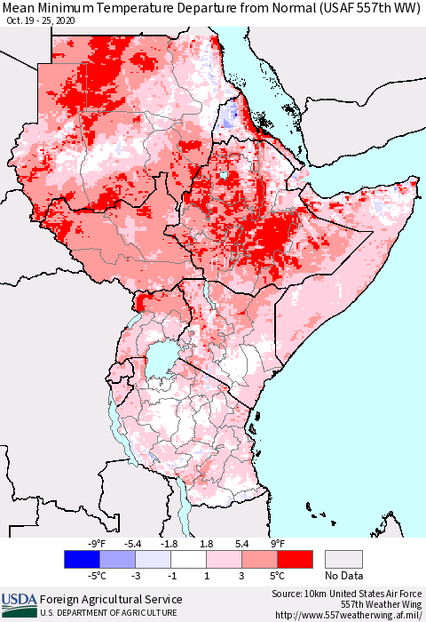 Eastern Africa Mean Minimum Temperature Departure from Normal (USAF 557th WW) Thematic Map For 10/19/2020 - 10/25/2020