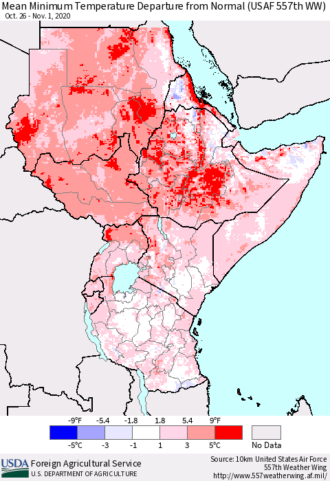 Eastern Africa Minimum Temperature Departure From Normal (USAF 557th WW) Thematic Map For 10/26/2020 - 11/1/2020