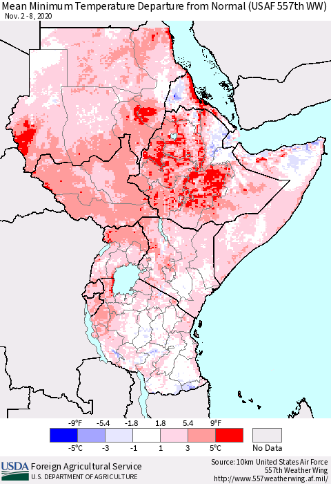 Eastern Africa Mean Minimum Temperature Departure from Normal (USAF 557th WW) Thematic Map For 11/2/2020 - 11/8/2020