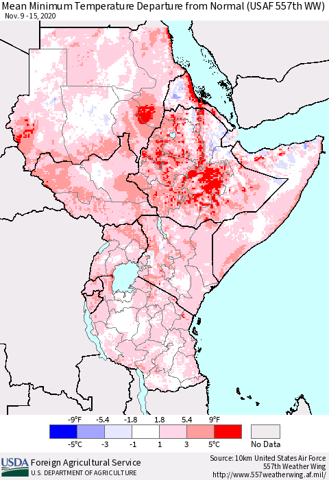 Eastern Africa Mean Minimum Temperature Departure from Normal (USAF 557th WW) Thematic Map For 11/9/2020 - 11/15/2020