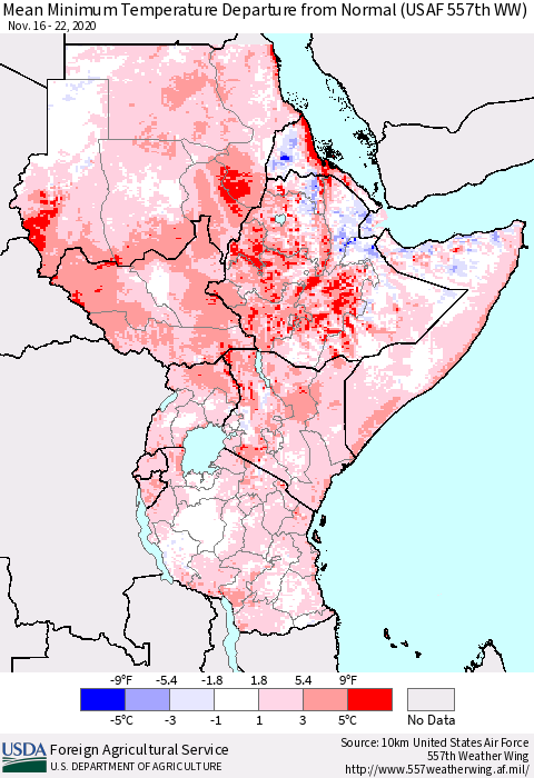 Eastern Africa Mean Minimum Temperature Departure from Normal (USAF 557th WW) Thematic Map For 11/16/2020 - 11/22/2020
