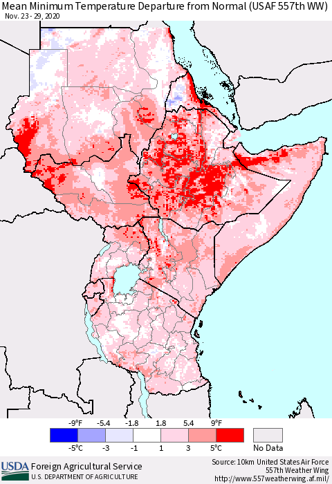 Eastern Africa Mean Minimum Temperature Departure from Normal (USAF 557th WW) Thematic Map For 11/23/2020 - 11/29/2020