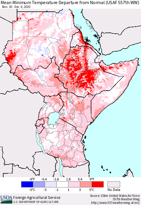 Eastern Africa Mean Minimum Temperature Departure from Normal (USAF 557th WW) Thematic Map For 11/30/2020 - 12/6/2020