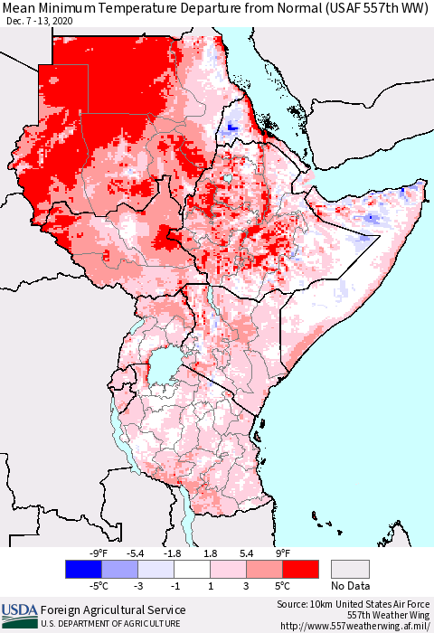 Eastern Africa Mean Minimum Temperature Departure from Normal (USAF 557th WW) Thematic Map For 12/7/2020 - 12/13/2020