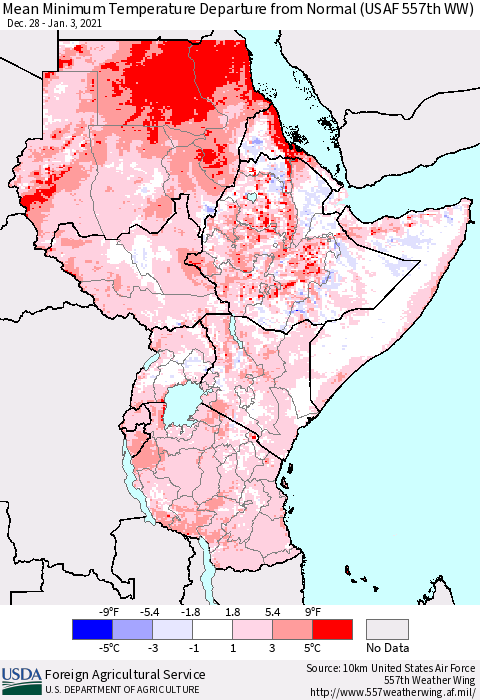 Eastern Africa Mean Minimum Temperature Departure from Normal (USAF 557th WW) Thematic Map For 12/28/2020 - 1/3/2021