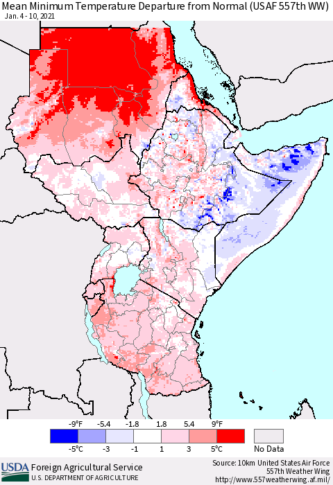 Eastern Africa Minimum Temperature Departure From Normal (USAF 557th WW) Thematic Map For 1/4/2021 - 1/10/2021