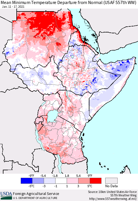 Eastern Africa Minimum Temperature Departure From Normal (USAF 557th WW) Thematic Map For 1/11/2021 - 1/17/2021