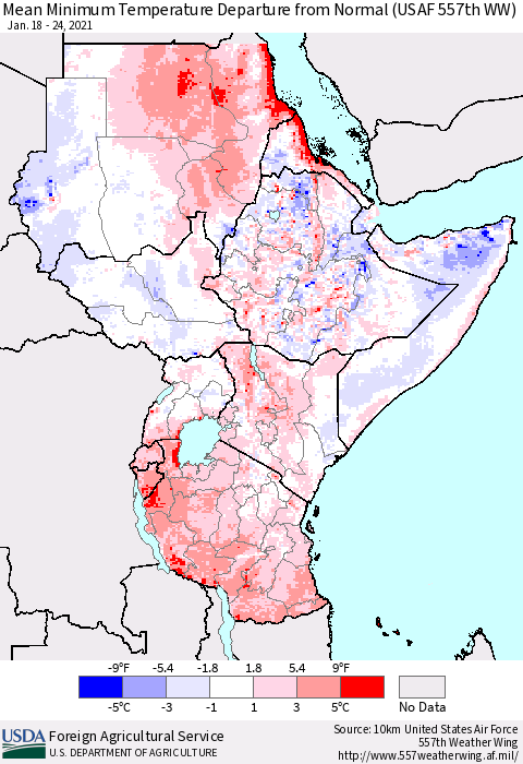 Eastern Africa Mean Minimum Temperature Departure from Normal (USAF 557th WW) Thematic Map For 1/18/2021 - 1/24/2021
