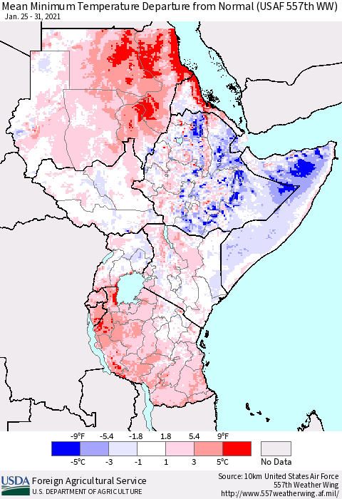 Eastern Africa Mean Minimum Temperature Departure from Normal (USAF 557th WW) Thematic Map For 1/25/2021 - 1/31/2021