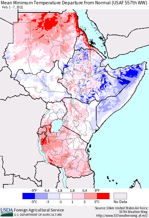 Eastern Africa Minimum Temperature Departure From Normal (USAF 557th WW) Thematic Map For 2/1/2021 - 2/7/2021