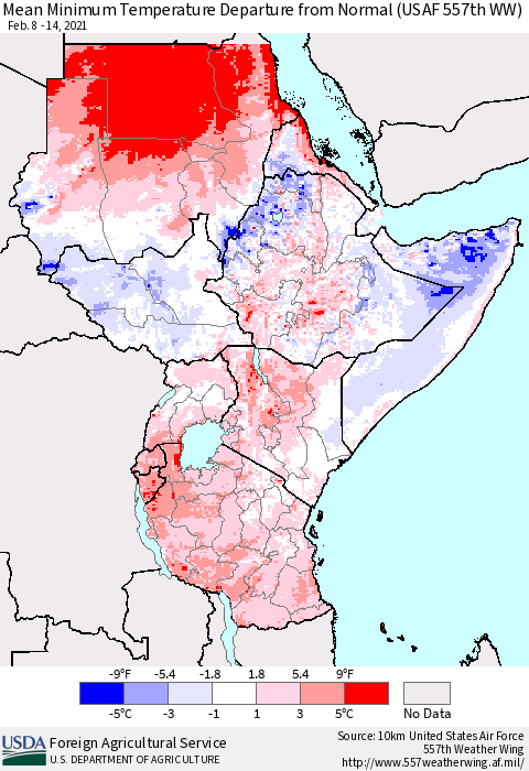 Eastern Africa Minimum Temperature Departure From Normal (USAF 557th WW) Thematic Map For 2/8/2021 - 2/14/2021