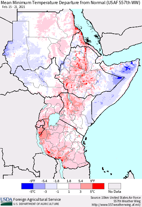 Eastern Africa Minimum Temperature Departure From Normal (USAF 557th WW) Thematic Map For 2/15/2021 - 2/21/2021