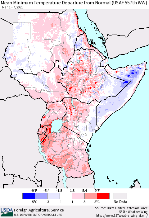 Eastern Africa Mean Minimum Temperature Departure from Normal (USAF 557th WW) Thematic Map For 3/1/2021 - 3/7/2021