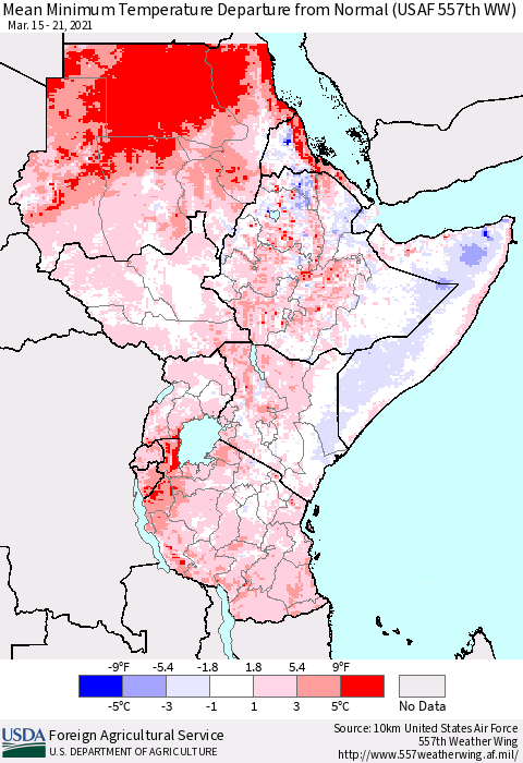 Eastern Africa Minimum Temperature Departure From Normal (USAF 557th WW) Thematic Map For 3/15/2021 - 3/21/2021