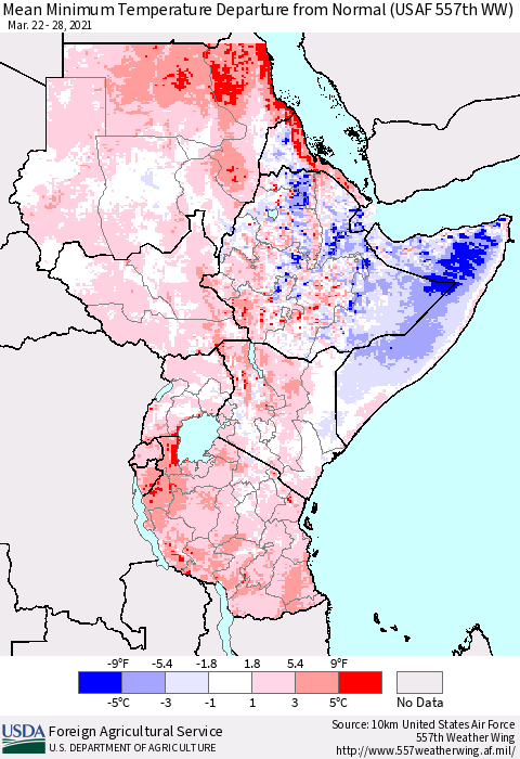 Eastern Africa Mean Minimum Temperature Departure from Normal (USAF 557th WW) Thematic Map For 3/22/2021 - 3/28/2021