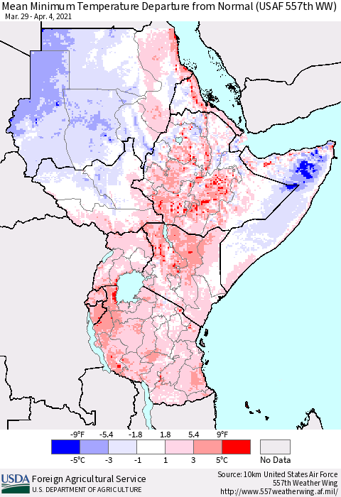 Eastern Africa Minimum Temperature Departure From Normal (USAF 557th WW) Thematic Map For 3/29/2021 - 4/4/2021