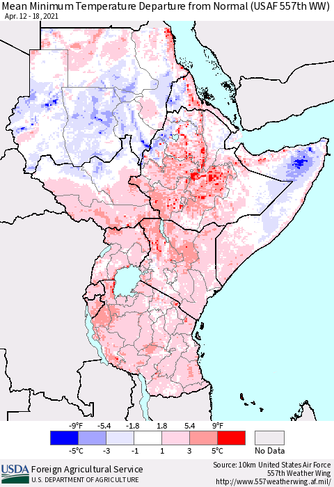 Eastern Africa Mean Minimum Temperature Departure from Normal (USAF 557th WW) Thematic Map For 4/12/2021 - 4/18/2021
