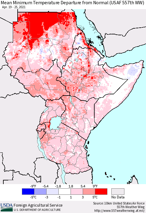 Eastern Africa Mean Minimum Temperature Departure from Normal (USAF 557th WW) Thematic Map For 4/19/2021 - 4/25/2021