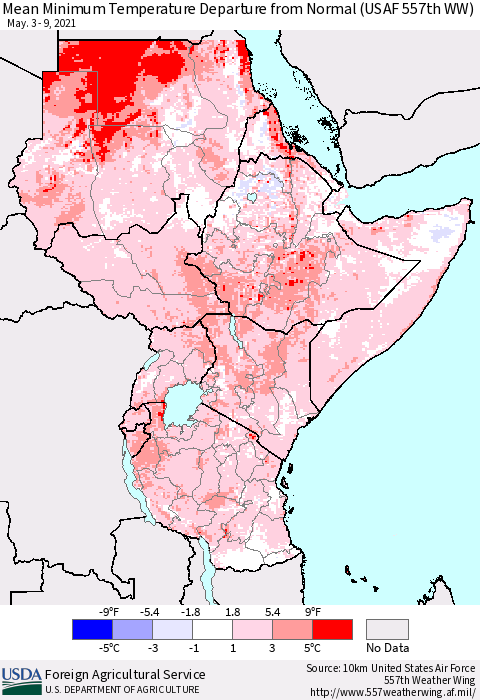 Eastern Africa Mean Minimum Temperature Departure from Normal (USAF 557th WW) Thematic Map For 5/3/2021 - 5/9/2021