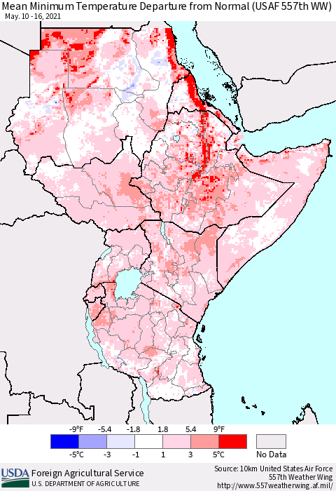 Eastern Africa Minimum Temperature Departure From Normal (USAF 557th WW) Thematic Map For 5/10/2021 - 5/16/2021