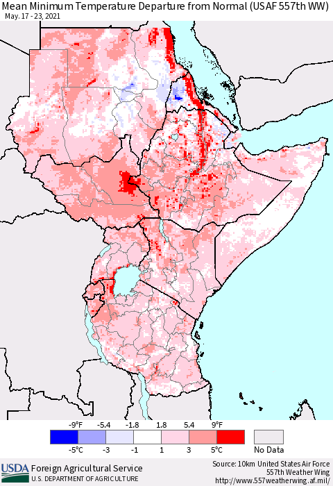 Eastern Africa Minimum Temperature Departure From Normal (USAF 557th WW) Thematic Map For 5/17/2021 - 5/23/2021
