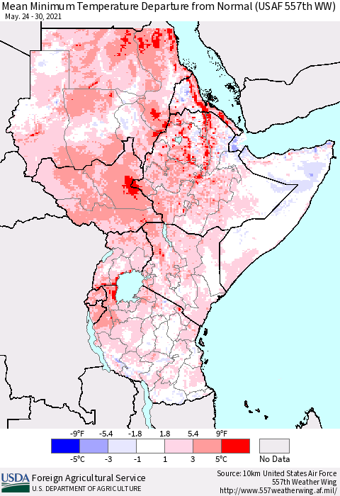 Eastern Africa Minimum Temperature Departure From Normal (USAF 557th WW) Thematic Map For 5/24/2021 - 5/30/2021