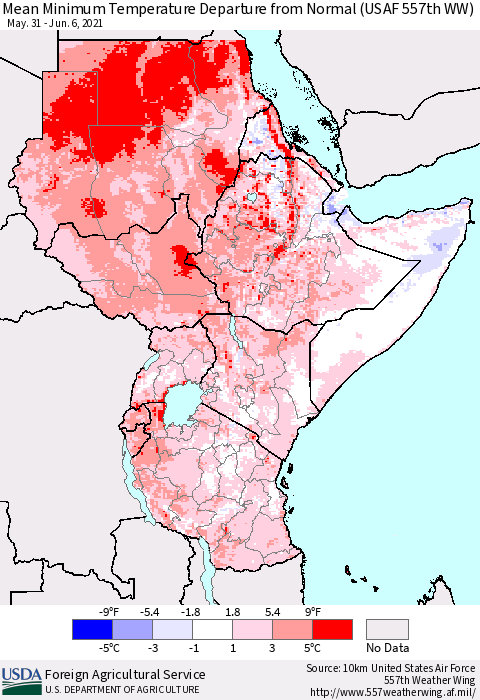 Eastern Africa Mean Minimum Temperature Departure from Normal (USAF 557th WW) Thematic Map For 5/31/2021 - 6/6/2021