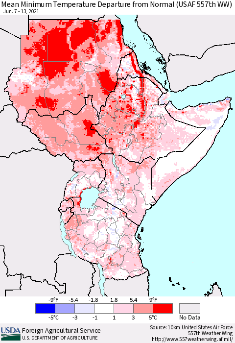 Eastern Africa Minimum Temperature Departure From Normal (USAF 557th WW) Thematic Map For 6/7/2021 - 6/13/2021