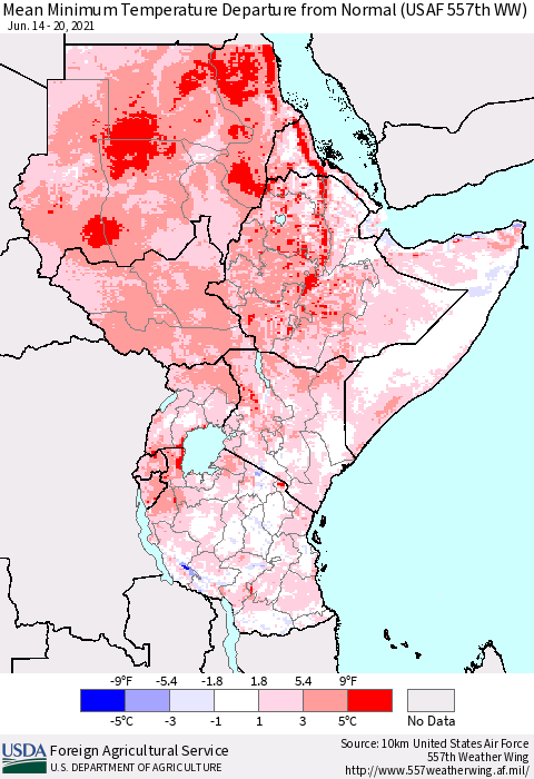 Eastern Africa Minimum Temperature Departure From Normal (USAF 557th WW) Thematic Map For 6/14/2021 - 6/20/2021
