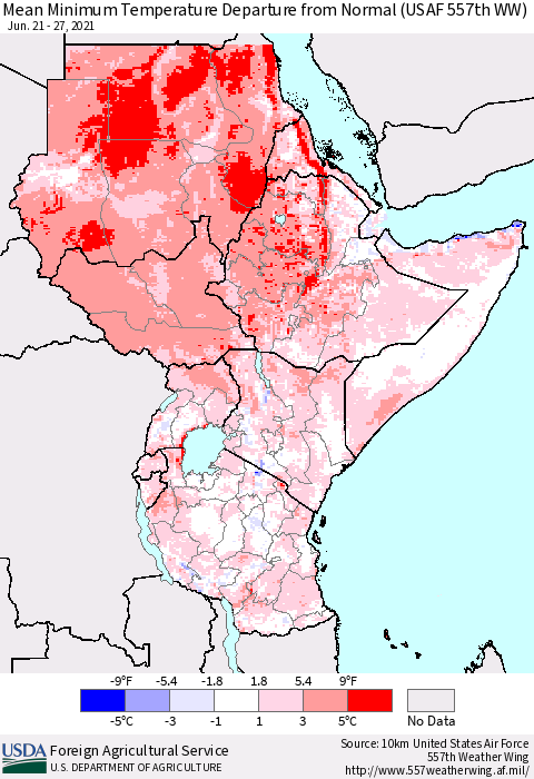 Eastern Africa Minimum Temperature Departure From Normal (USAF 557th WW) Thematic Map For 6/21/2021 - 6/27/2021