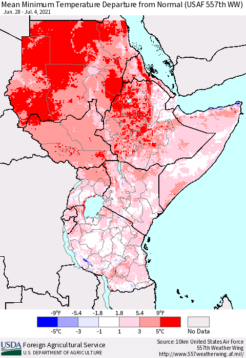 Eastern Africa Mean Minimum Temperature Departure from Normal (USAF 557th WW) Thematic Map For 6/28/2021 - 7/4/2021