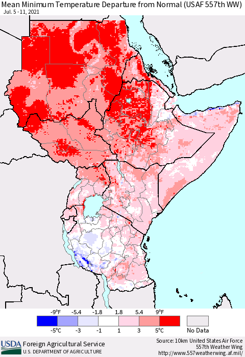 Eastern Africa Minimum Temperature Departure From Normal (USAF 557th WW) Thematic Map For 7/5/2021 - 7/11/2021