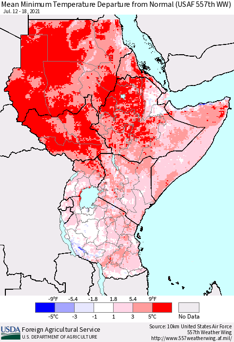 Eastern Africa Mean Minimum Temperature Departure from Normal (USAF 557th WW) Thematic Map For 7/12/2021 - 7/18/2021