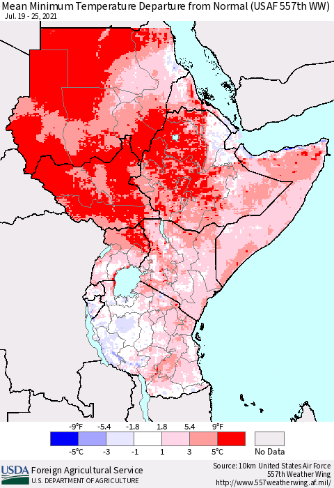 Eastern Africa Minimum Temperature Departure From Normal (USAF 557th WW) Thematic Map For 7/19/2021 - 7/25/2021