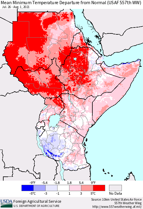 Eastern Africa Minimum Temperature Departure From Normal (USAF 557th WW) Thematic Map For 7/26/2021 - 8/1/2021