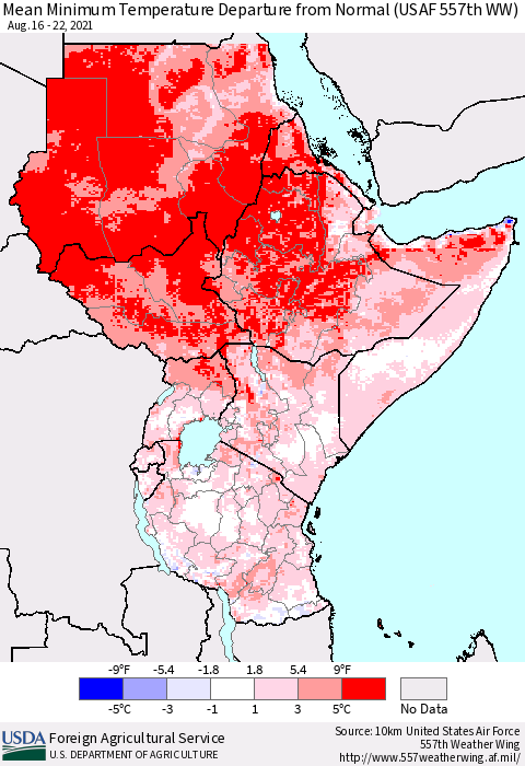 Eastern Africa Minimum Temperature Departure From Normal (USAF 557th WW) Thematic Map For 8/16/2021 - 8/22/2021