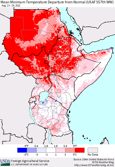 Eastern Africa Minimum Temperature Departure From Normal (USAF 557th WW) Thematic Map For 8/23/2021 - 8/29/2021