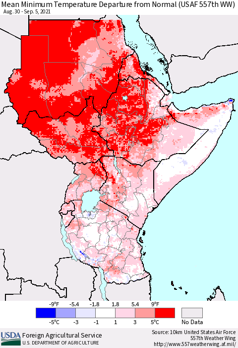 Eastern Africa Mean Minimum Temperature Departure from Normal (USAF 557th WW) Thematic Map For 8/30/2021 - 9/5/2021