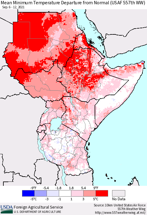 Eastern Africa Minimum Temperature Departure From Normal (USAF 557th WW) Thematic Map For 9/6/2021 - 9/12/2021