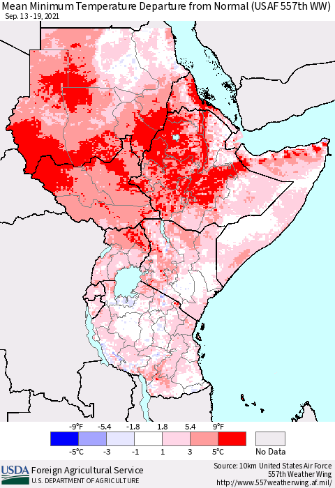 Eastern Africa Minimum Temperature Departure From Normal (USAF 557th WW) Thematic Map For 9/13/2021 - 9/19/2021