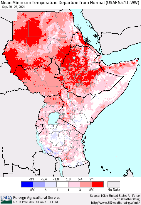 Eastern Africa Minimum Temperature Departure From Normal (USAF 557th WW) Thematic Map For 9/20/2021 - 9/26/2021