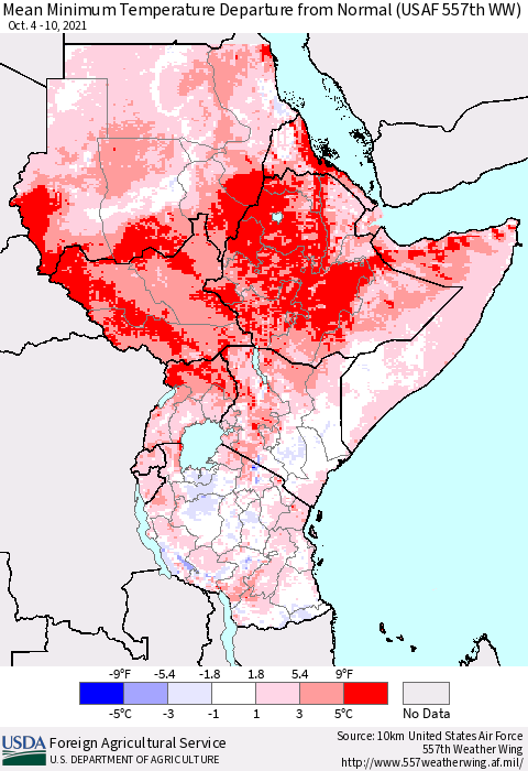 Eastern Africa Mean Minimum Temperature Departure from Normal (USAF 557th WW) Thematic Map For 10/4/2021 - 10/10/2021