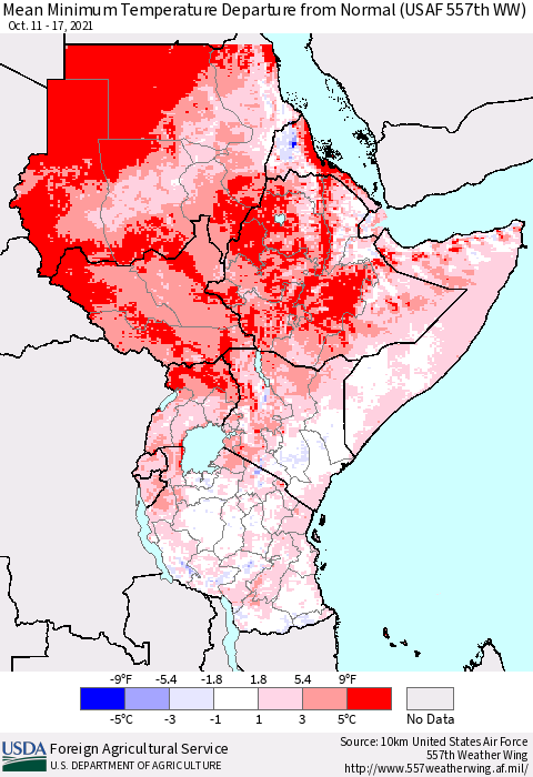 Eastern Africa Mean Minimum Temperature Departure from Normal (USAF 557th WW) Thematic Map For 10/11/2021 - 10/17/2021