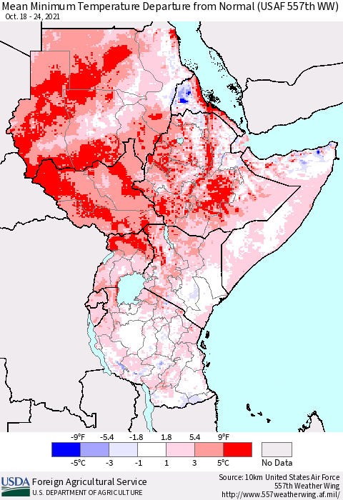Eastern Africa Minimum Temperature Departure From Normal (USAF 557th WW) Thematic Map For 10/18/2021 - 10/24/2021
